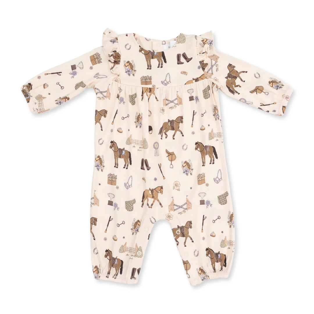 Pretty Equestrian  Ruffle Sleeve Snap Romper