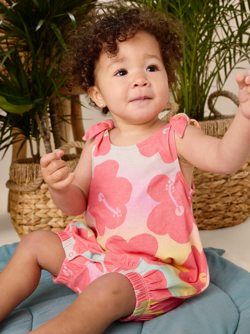 Tie Shoulder Baby Romper/Hibiscus
