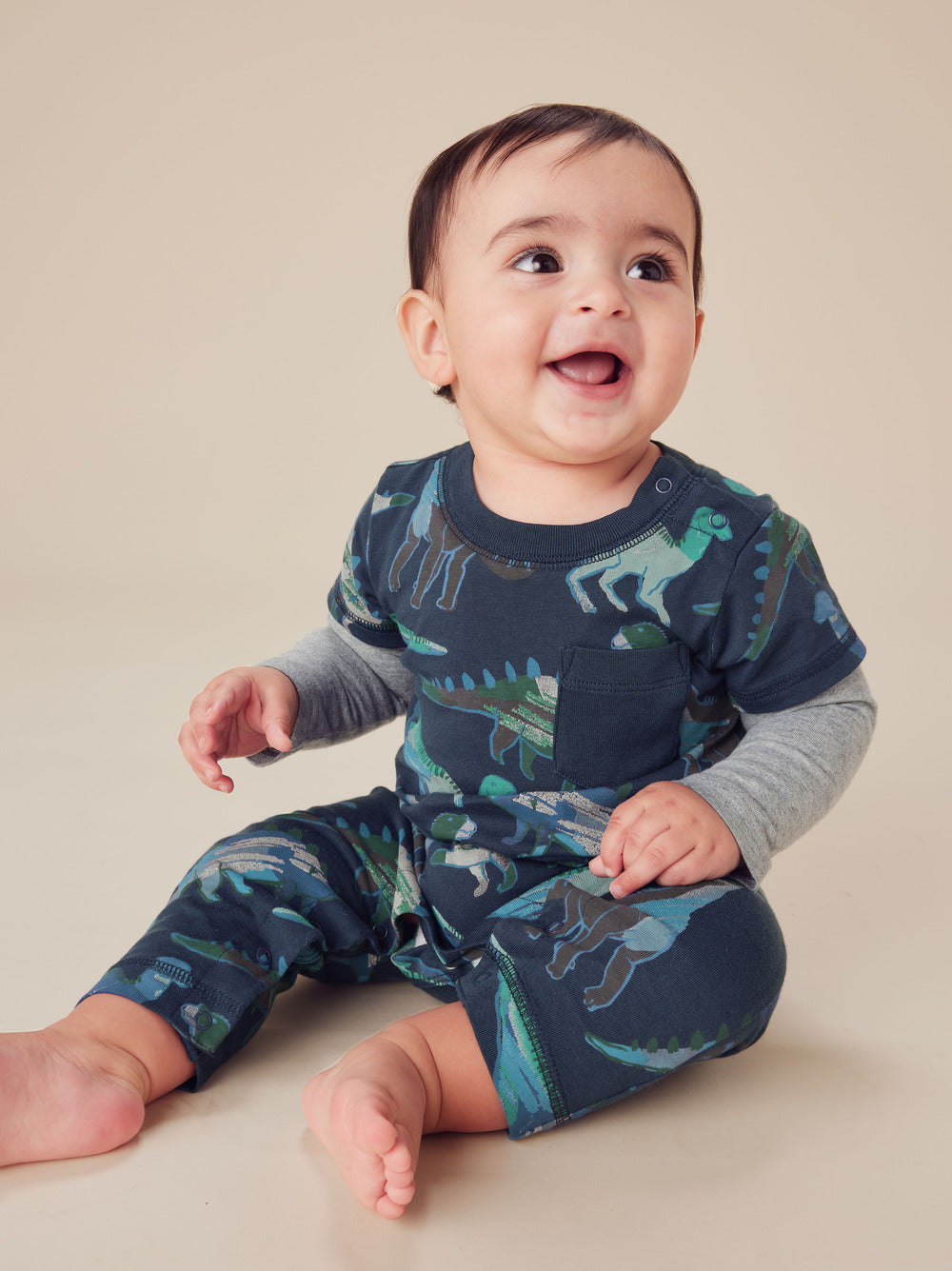 Layered Sleeve Baby Romper/Watercolor Dinosaurs