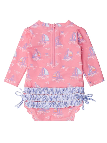 Pink Seas the Day LS One Piece Rash Guard Swimsuit