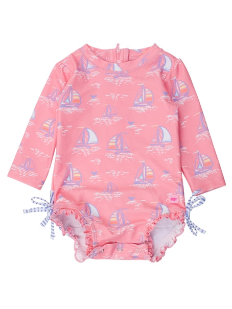 Pink Seas the Day LS One Piece Rash Guard Swimsuit