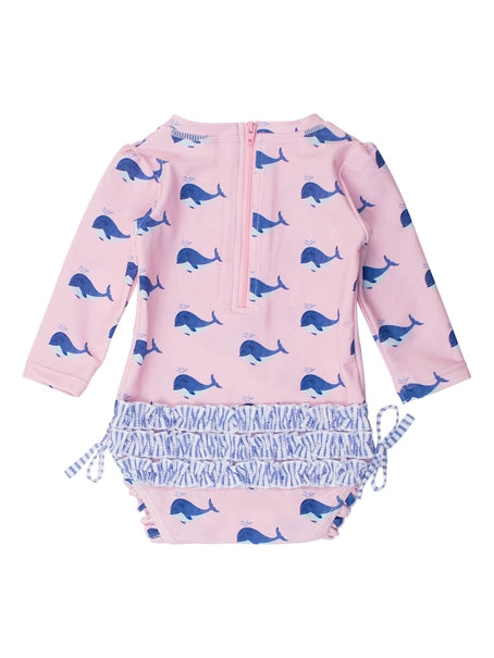 Pink Whale Friends LS One Piece Rash Guard Swimsuit