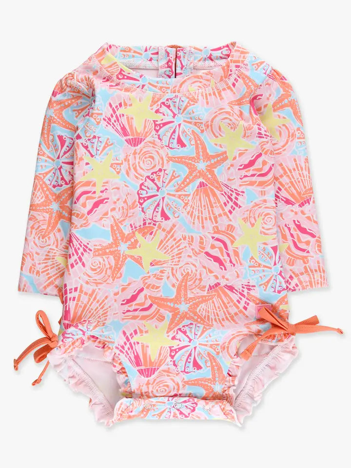 Sunset Seashells LS One Piece Rash Guard Swimsuit