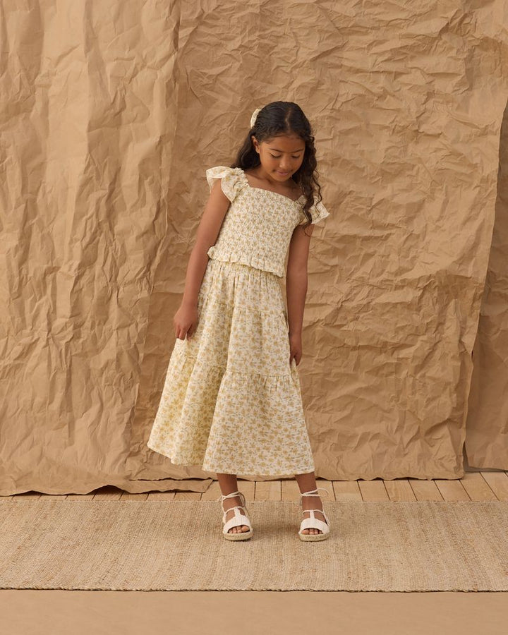 Tiered Midi Skirt  || Yellow Floral