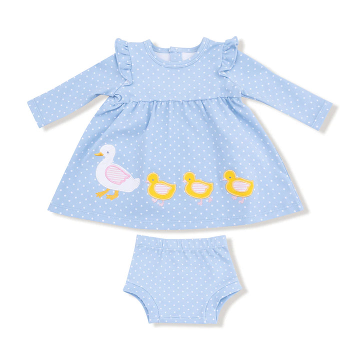 Chambray Blue Dot  Duck FamilyLS Dress w/ Diaper Cover