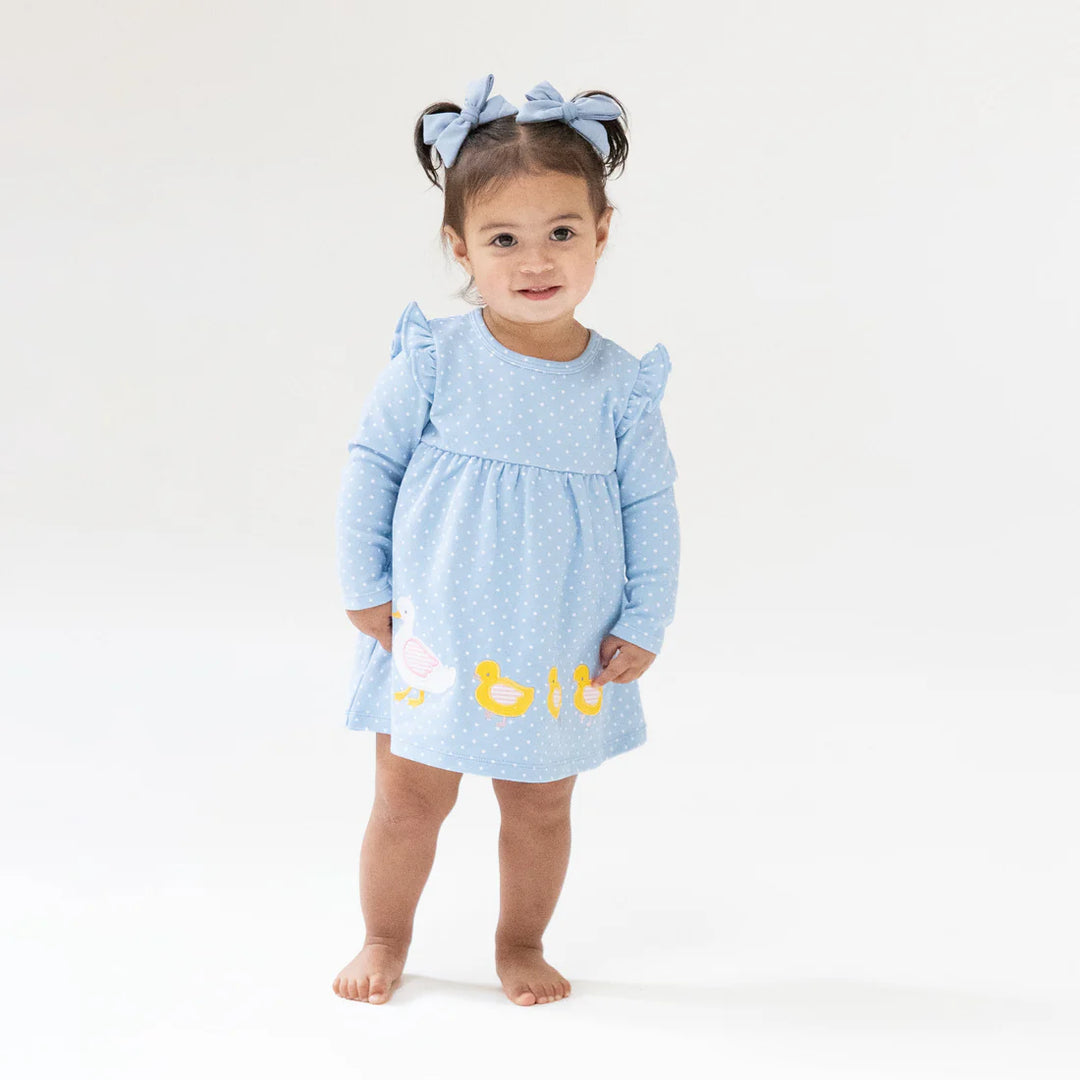 Chambray Blue Dot  Duck FamilyLS Dress w/ Diaper Cover