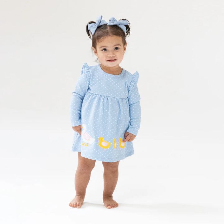 Chambray Blue Dot  Duck FamilyLS Dress w/ Diaper Cover