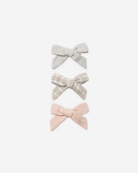 Bow W. Clip, Set Of 3 Cloud, Blue Gingham, Dusty Rose
