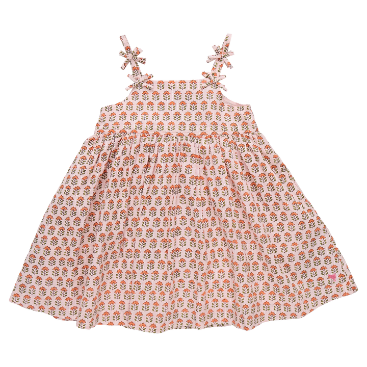 Girls Tia Dress - Pink Prairie Block Print