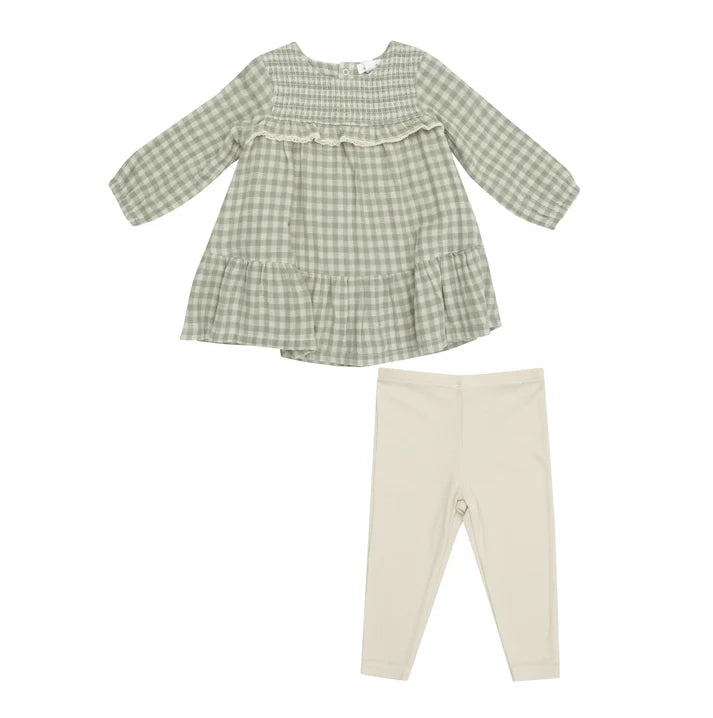 Mini Green Gingham - Smocked Ruffle  Tiered Dress & Ribbed Legging