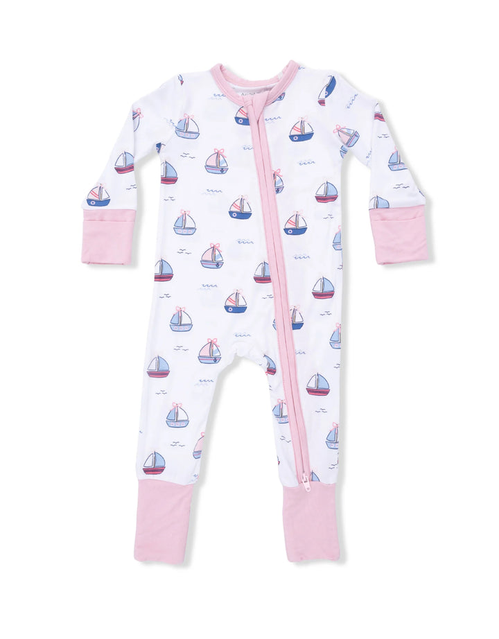 2 Way Zipper Romper Bubbly Sailboats Pink