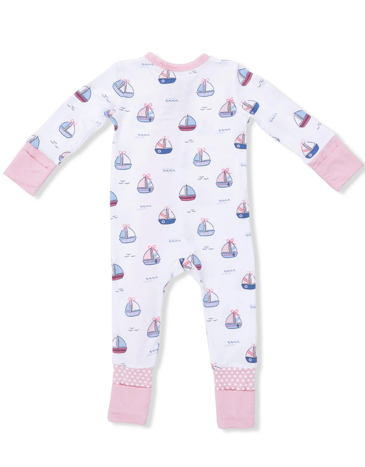 2 Way Zipper Romper Bubbly Sailboats Pink