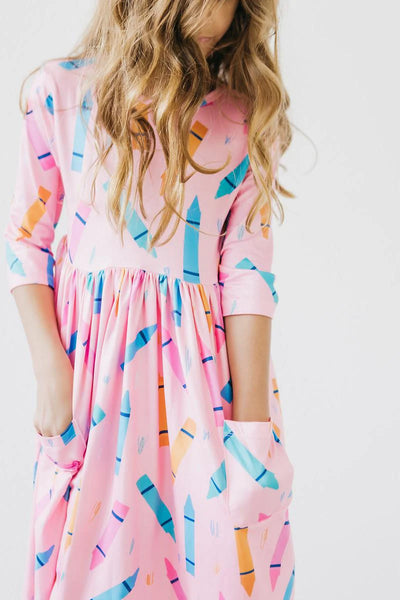 Color Crayons 3/4 Sleeve Pocket Twirl Dress