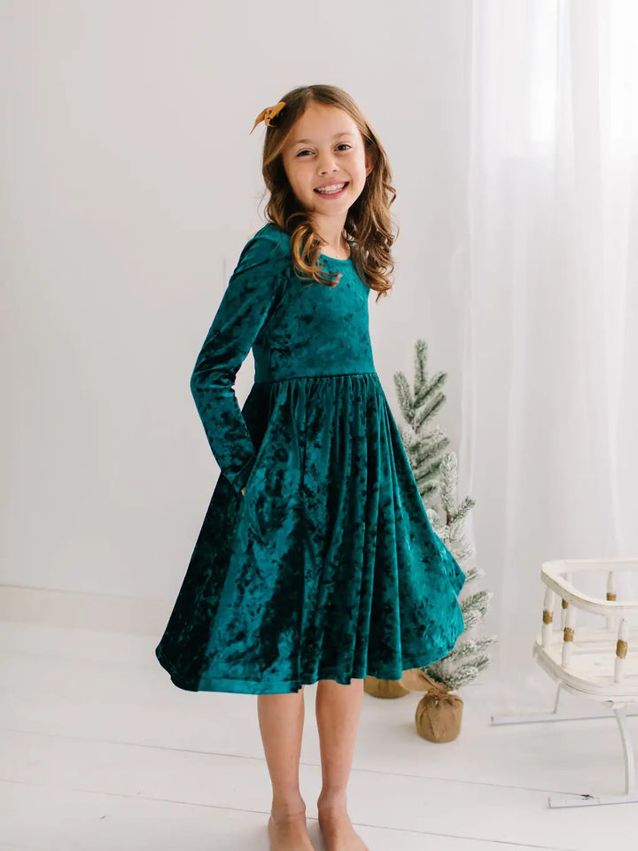 Gwendolyn Dress in Green Crushed Velvet