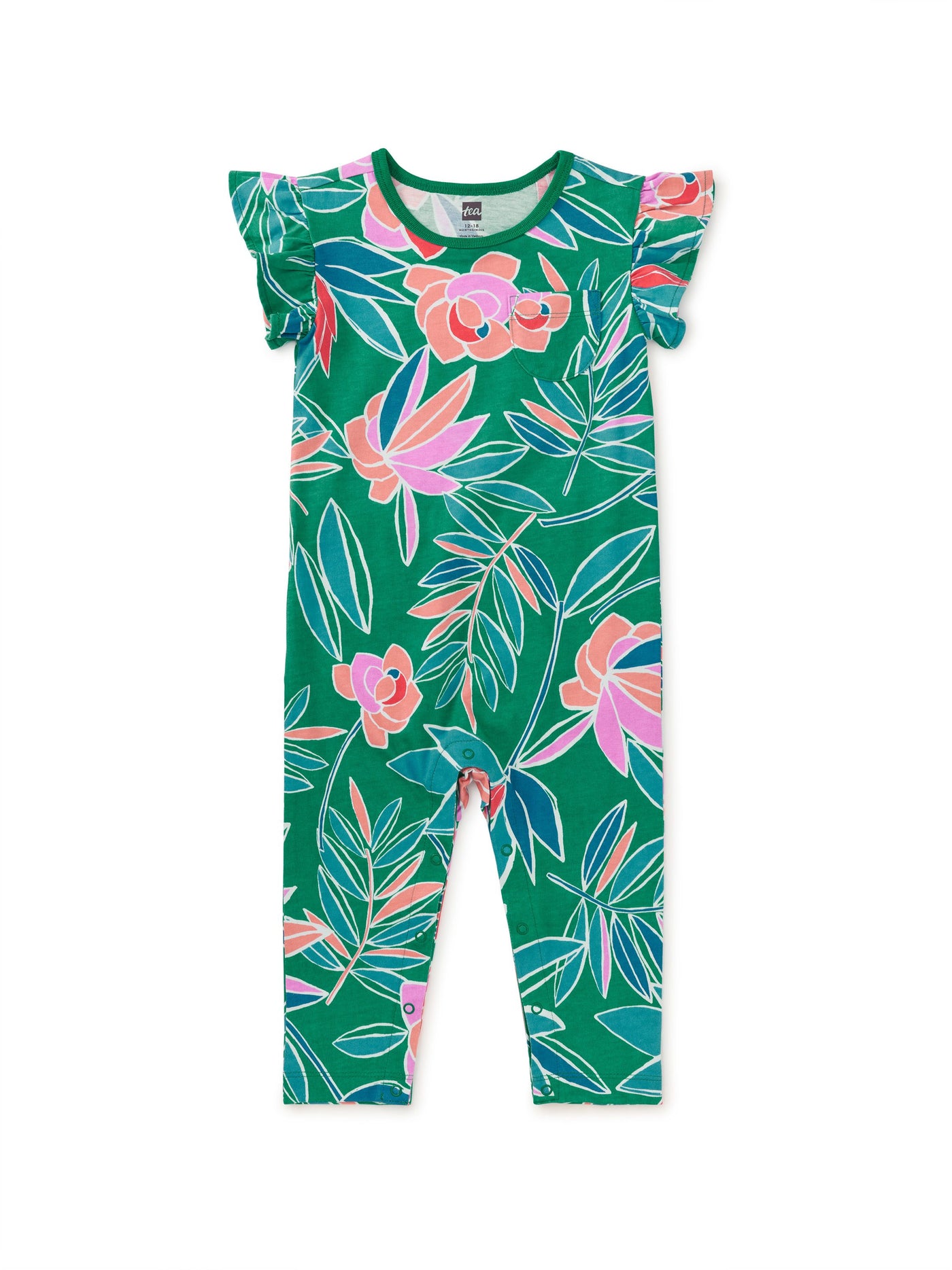 Ruffle Sleeve Pocket Romper | Tropical Gardenias