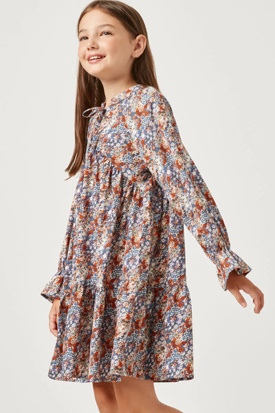 Girls V Neck Long Sleeve Cinched Cuff Floral Dress