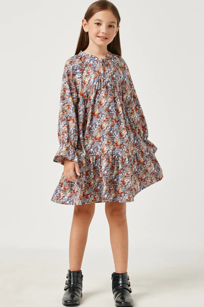 Girls V Neck Long Sleeve Cinched Cuff Floral Dress