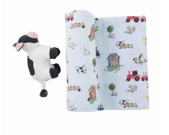 Farm Swaddle & Rattle Set
